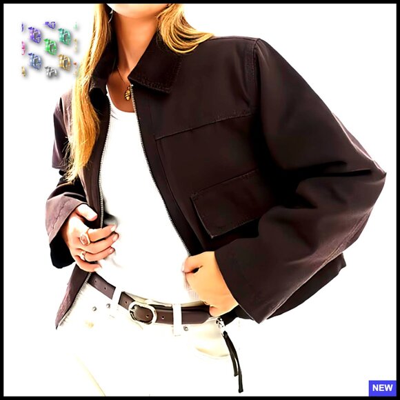 Cropped Utility Jacket Contrast Collar Zipper Front Casual Workwear Chic